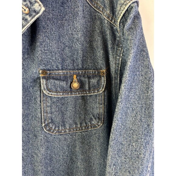 Vintage 90s Leather Collar Denim Jean Trucker Jacket Barn Chore Coat - Picture 3 of 13